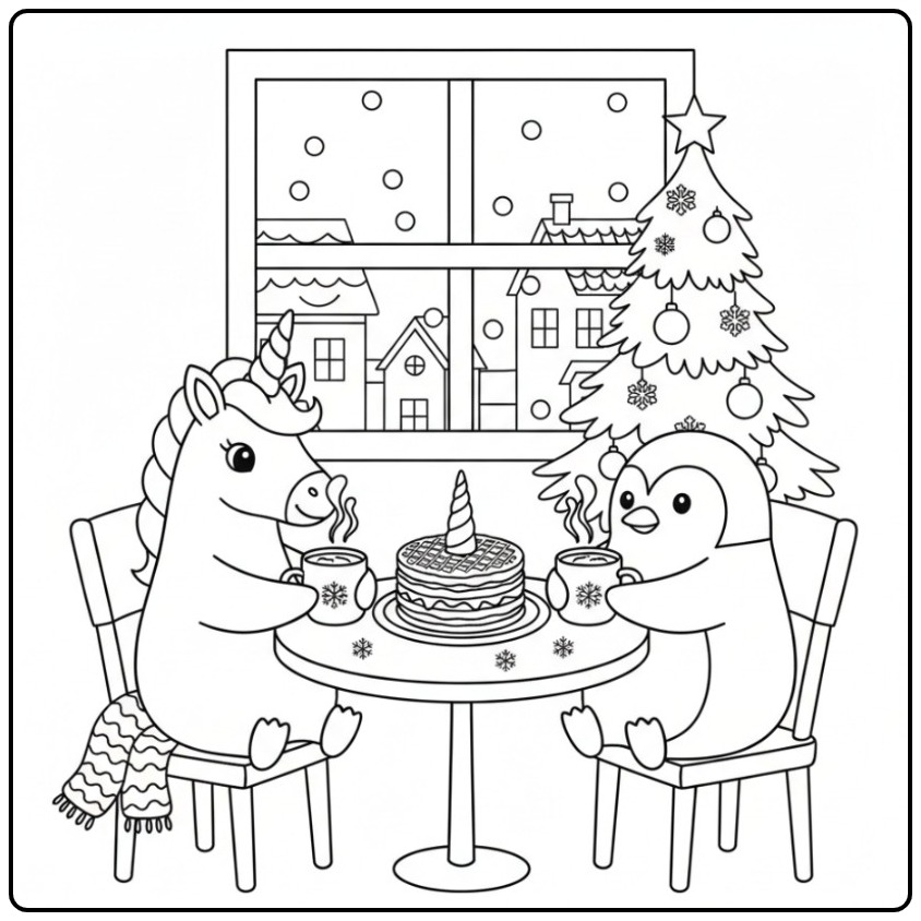 Eenhoorn en pinguïn met een kleurplaat unicorn taart in winter.