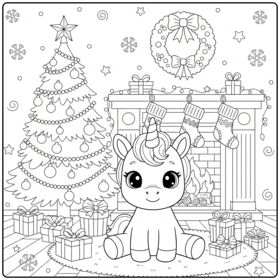 Een lieve Kleurplaat baby unicorn Kerstmis met een boom en cadeaus.