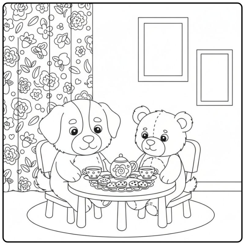 Een schattige kleurplaat berner sennenhond en een teddybeer.