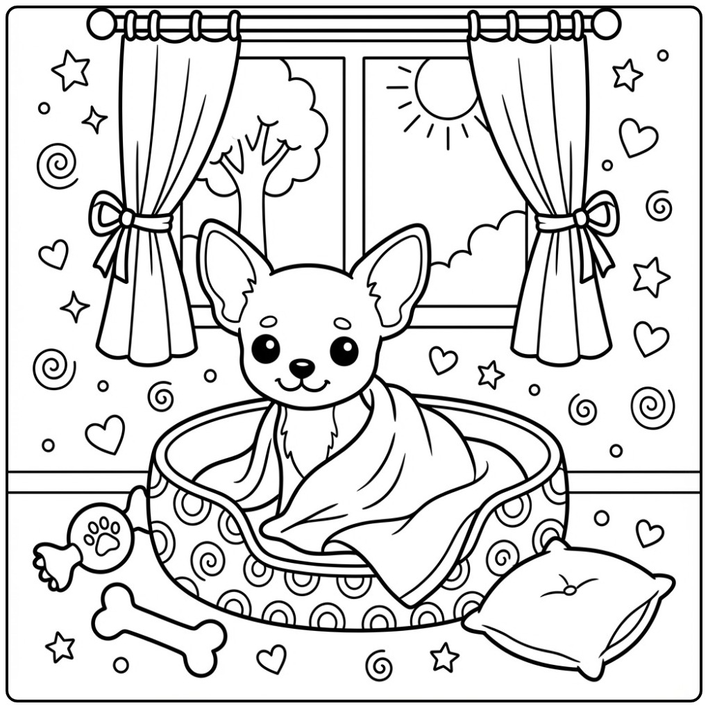 Een schattige kleurplaat chihuahua in een gezellig hondenbed.