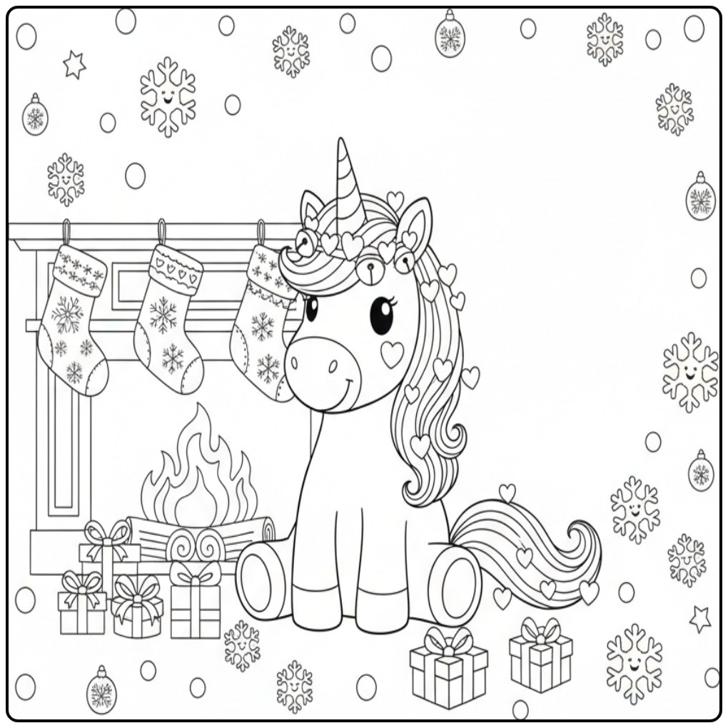Kleurplaat eenhoorn met hartjes voor Kerstmis, cadeaus en haardvuur.