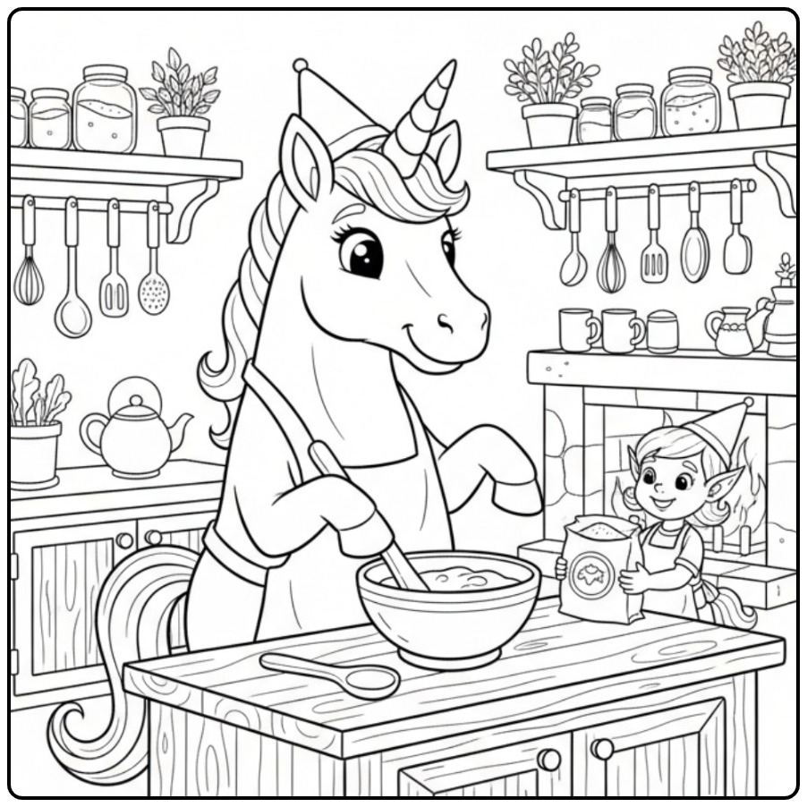 Een leuke kleurplaat elfje en eenhoorn die samen bakken.