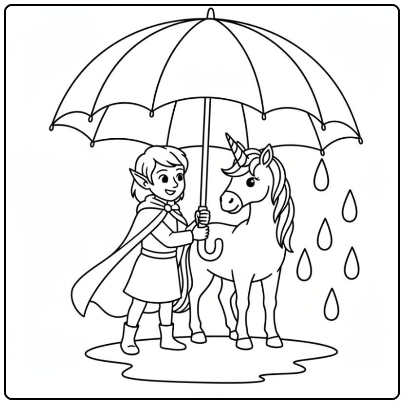 Een vrolijke kleurplaat elfje en eenhoorn onder een paraplu.