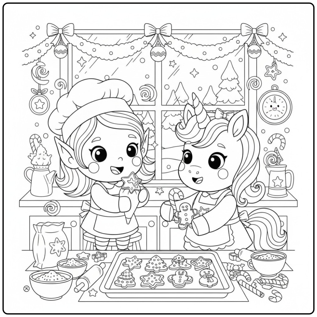 Schattige Kleurplaat elfje en eenhoorn Kerst koekjes bakken.
