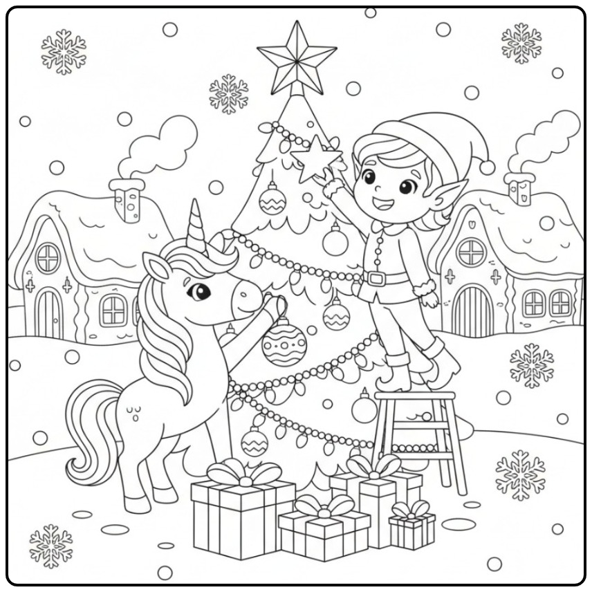 Vrolijke Kleurplaat elfje en eenhoorn Kerst bij de kerstboom.