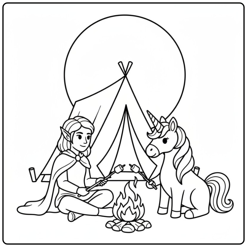 Een kleurplaat elfje en eenhoorn die kamperen bij het vuur.