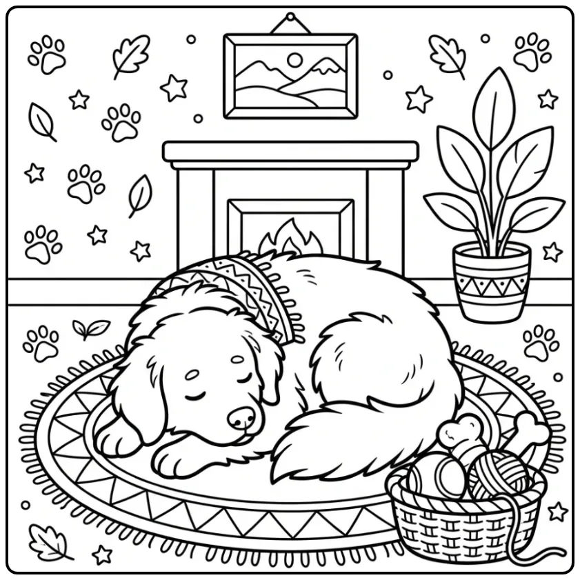 Kleurplaat friese stabij met sjaal en speelgoedmand.