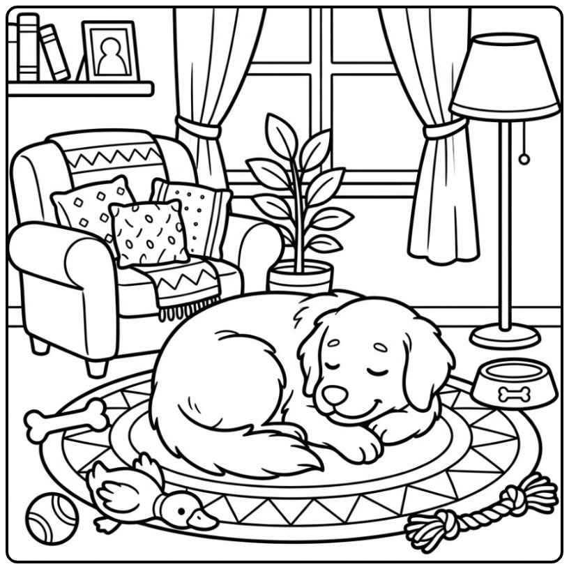 Een leuke kleurplaat golden retriever slapend op een kleed.