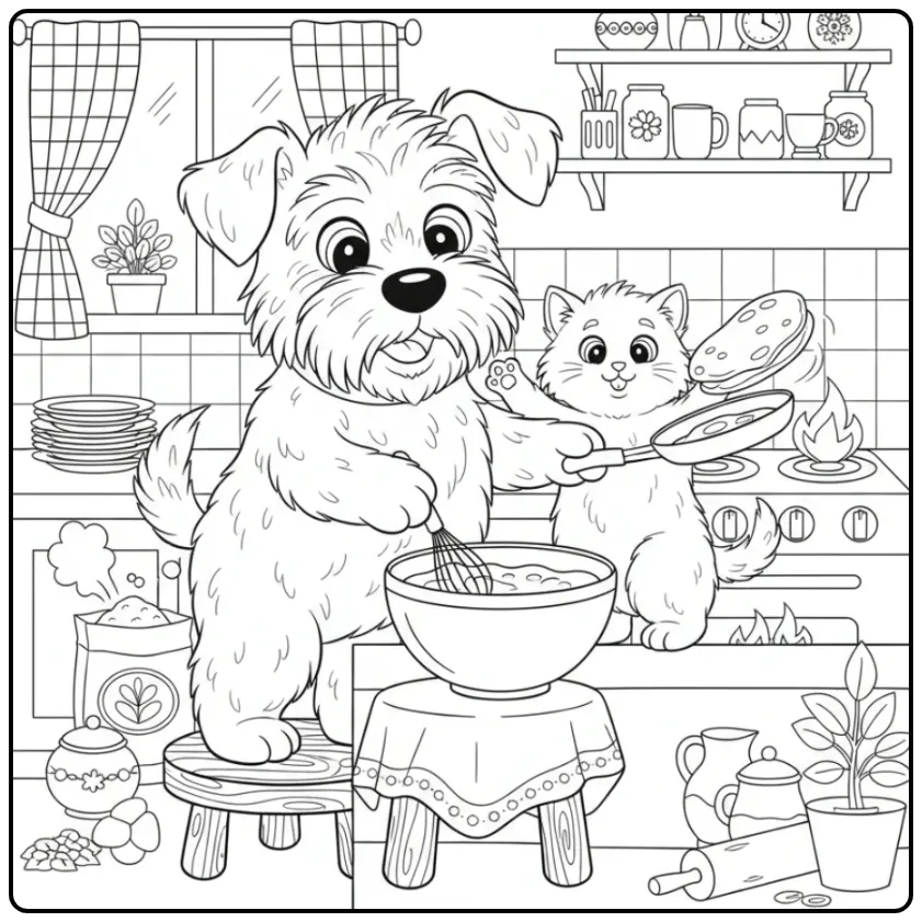 Leuke kleurplaat hond en kat die pannenkoeken bakken.