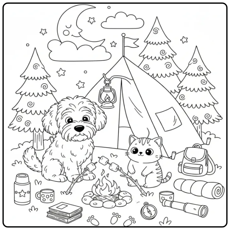 Leuke kleurplaat hond en kat op een camping met een tent.
