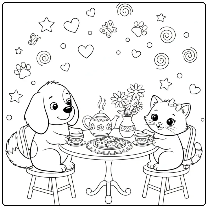 Een schattige kleurplaat hond en kat die een theekransje houden.