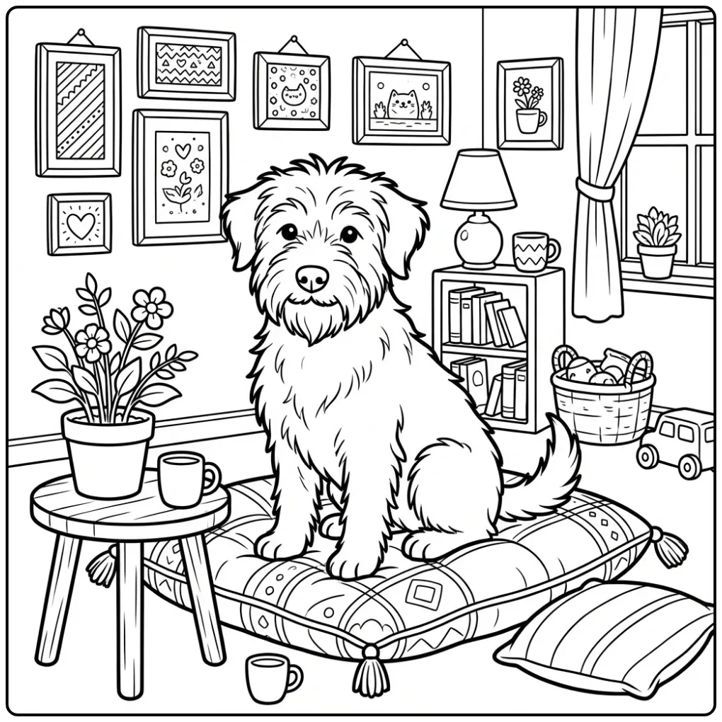 Leuke kleurplaat hond: Hollandse Smoushond in de woonkamer.