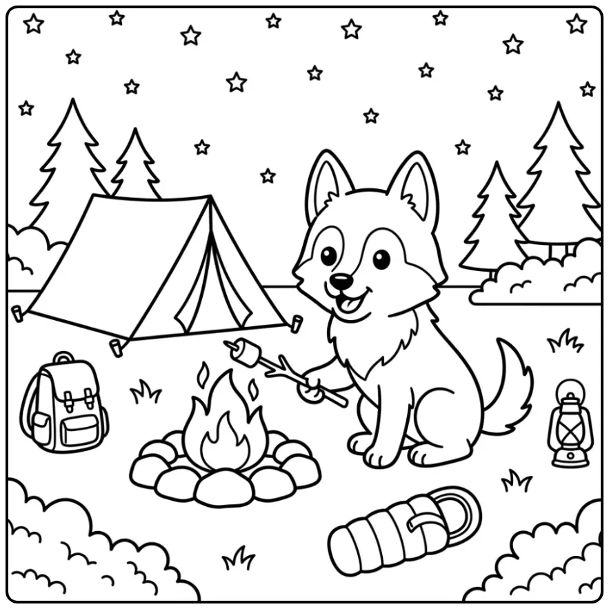 Leuke kleurplaat hond makkelijk met een wolfhond en kampvuur.