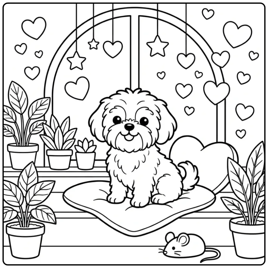 Schattige Shih Tzu kleurplaat hond met hartjes bij het raam.