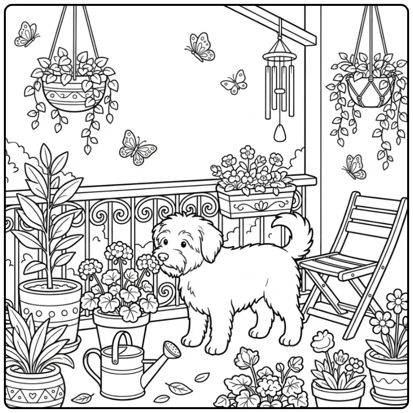 Een schattige kleurplaat hond volwassenen op een balkon.