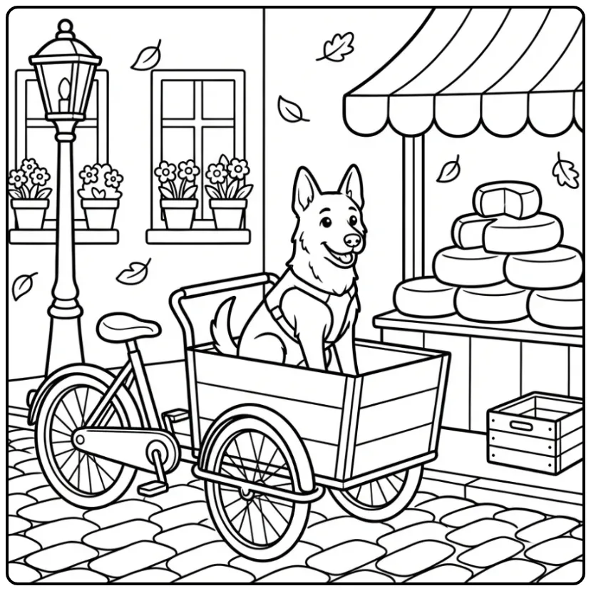 Leuke kleurplaat hond volwassenen in een fietsmand op straat.