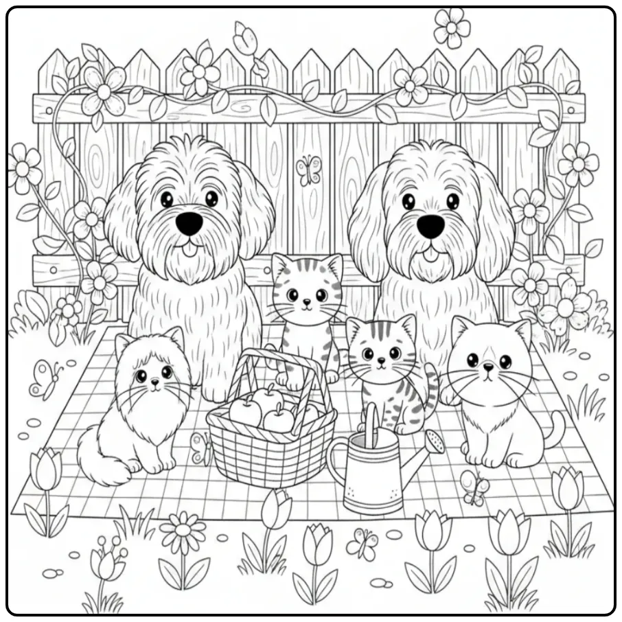 Vrolijke kleurplaat honden en katten tijdens een tuinpicknick.