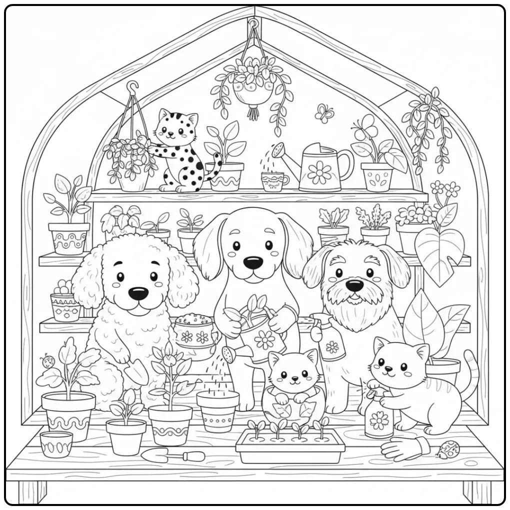 Een schattige kleurplaat honden en katten in een plantenkas.