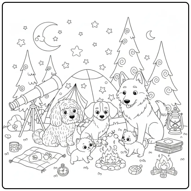 Een schattige kleurplaat honden en katten op de camping.