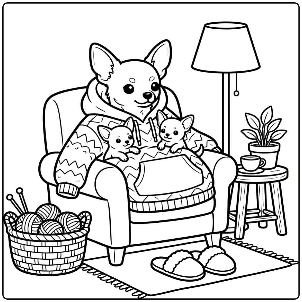 Kleurplaat honden puppies in een warme hoodie op een stoel.