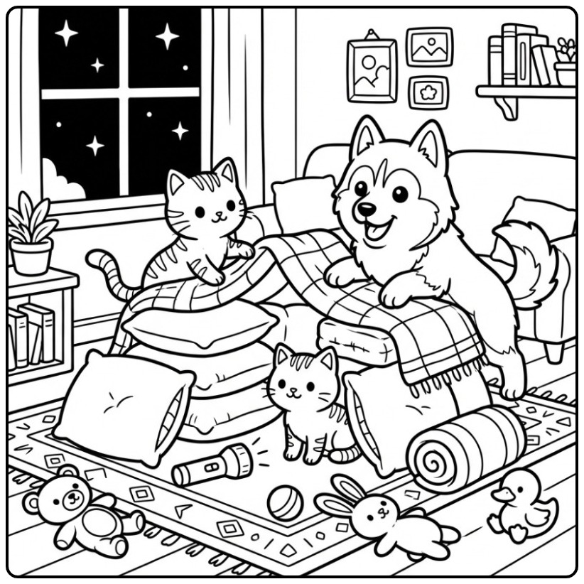 Een schattige kleurplaat husky en een kat bouwen een fort.