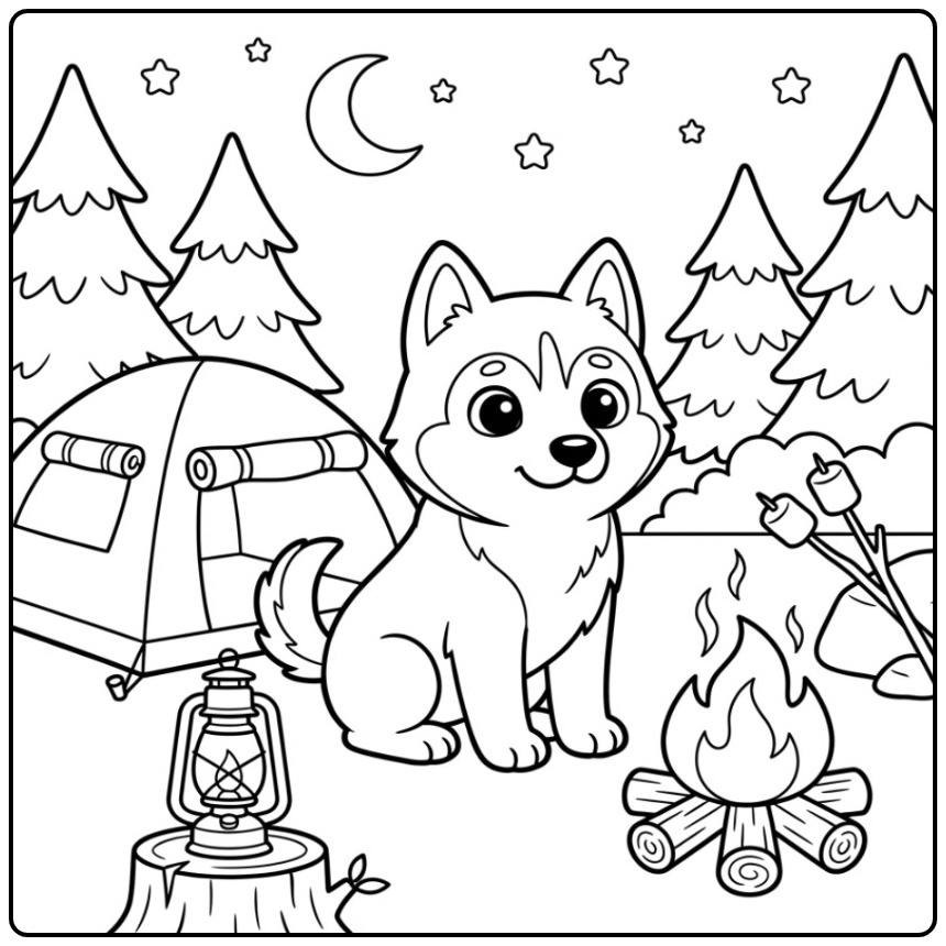 Leuke kleurplaat husky zittend bij een kampvuur en tent.