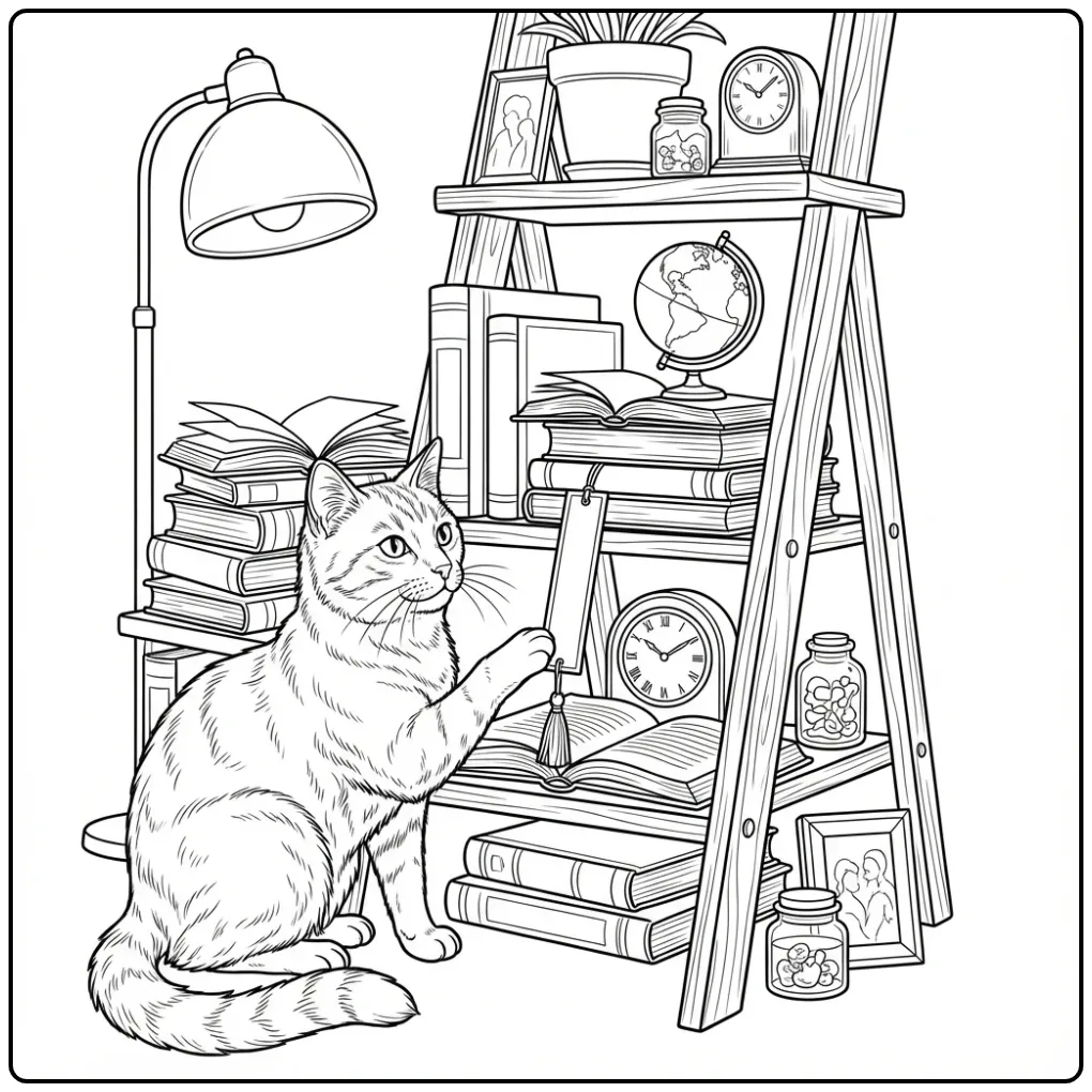 Schattige kleurplaat kat speelt met een boekenlegger.