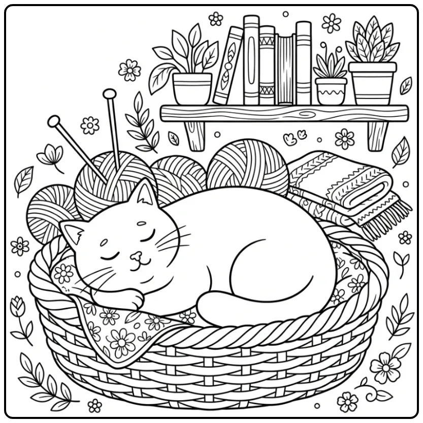 Schattige kleurplaat kat slapend in een mand met bolletjes wol.