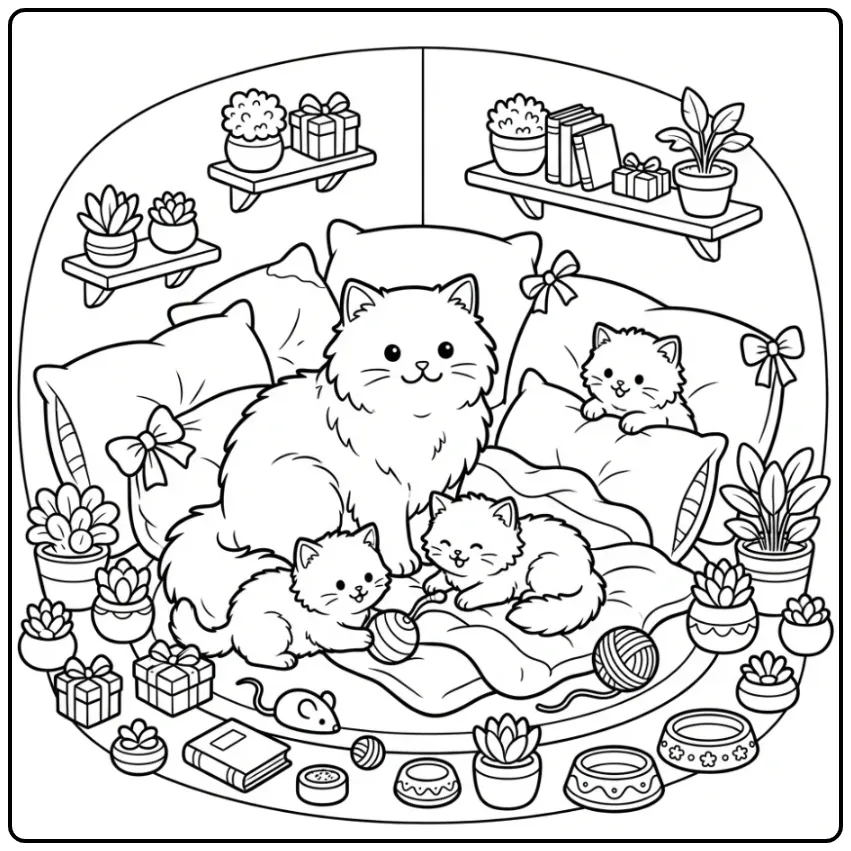 Een schattige kleurplaat kat met kittens op zachte kussens.