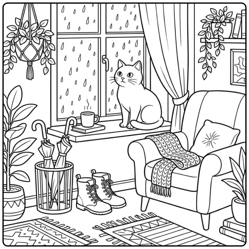 Een leuke kleurplaat kat kijkend naar de regen bij het raam.