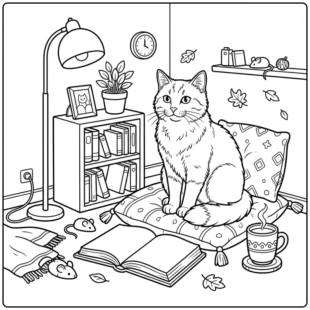 Kleurplaat kat die leest in een gezellige leeshoek met boek.