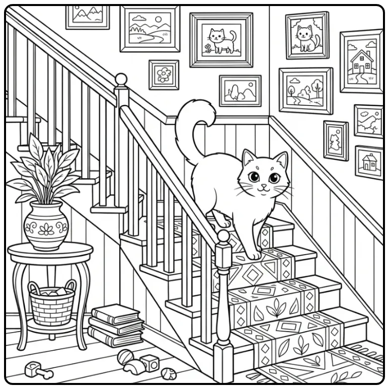 Kleurplaat kat die halverwege een gezellige trap pauzeert.