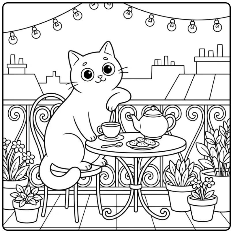 Ontspannende kleurplaat kat voor volwassenen in de stad
