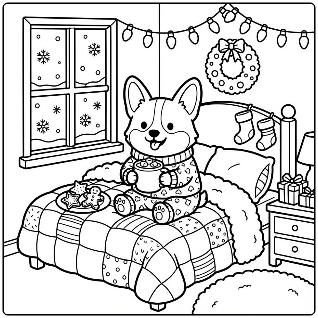 Een schattige kleurplaat kerst hond: een corgi in pyjama.