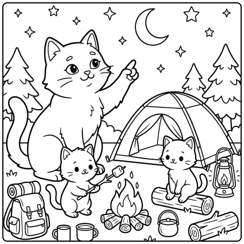 Schattige kleurplaat kitten moeilijk kamperen in het bos.