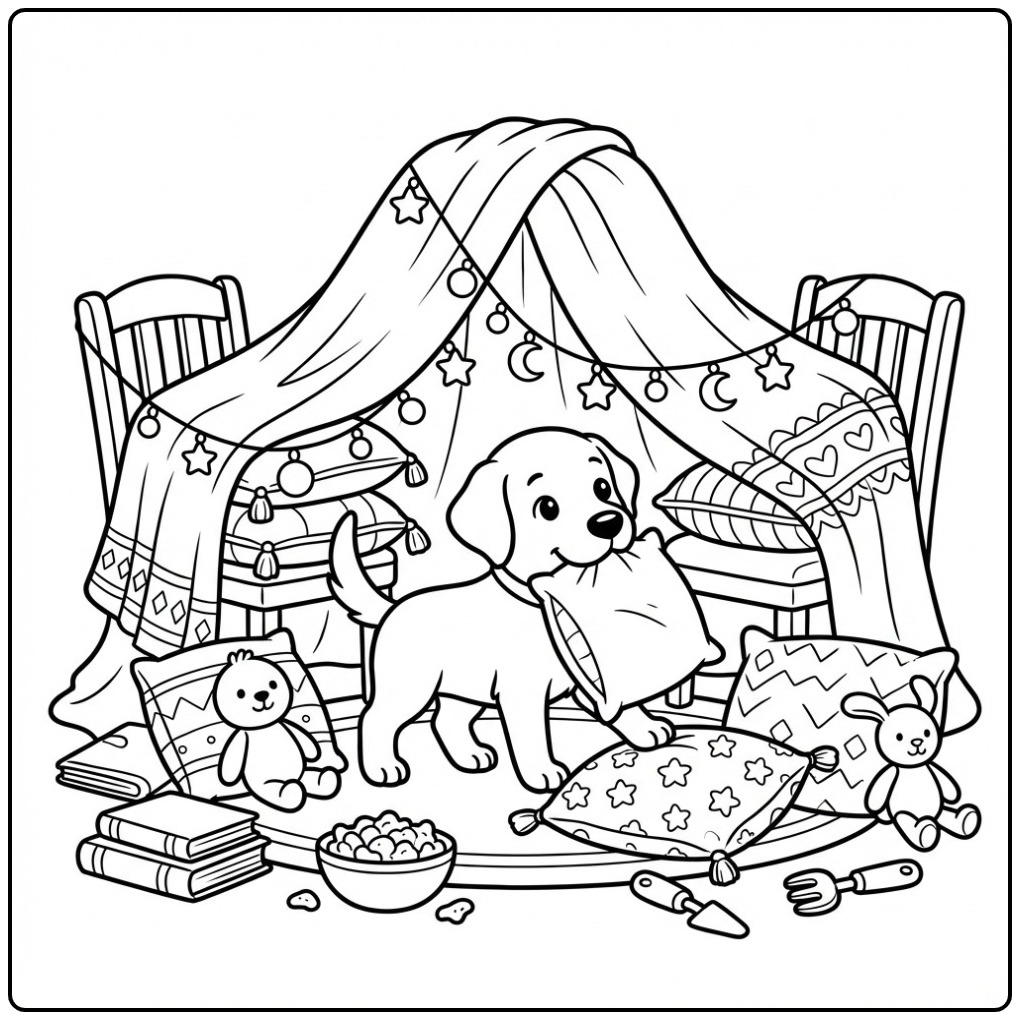 Schattige kleurplaat labrador puppy in een zelfgemaakt fort.