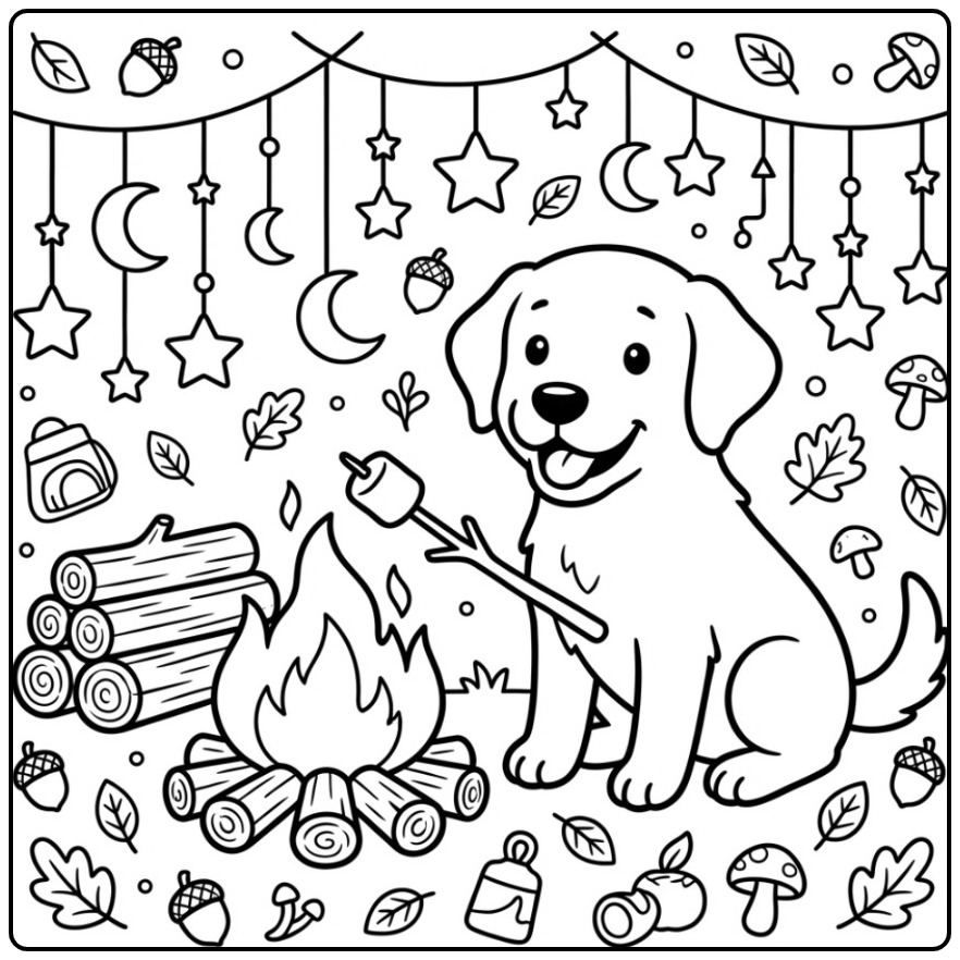 Een schattige kleurplaat labrador bij een kampvuur in het bos.
