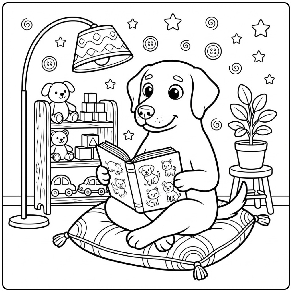 Een leuke kleurplaat labrador die een boek leest op een kussen.