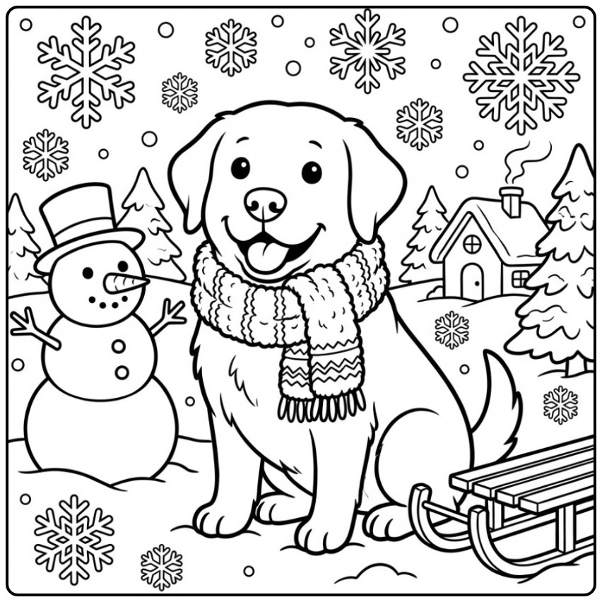 Vrolijke kleurplaat labrador in een winters tafereel met sneeuw.