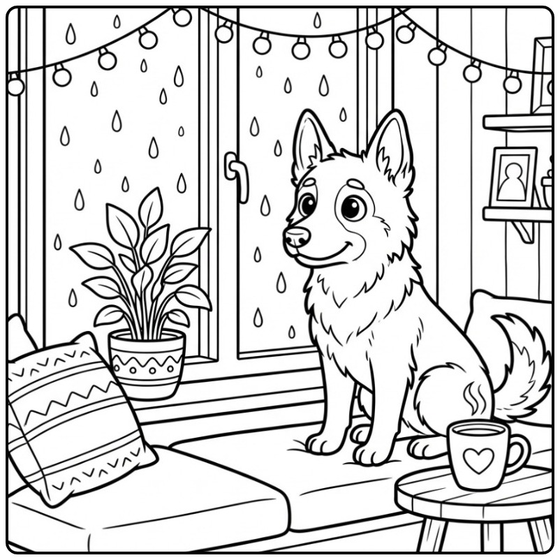 Een schattige kleurplaat mechelse herder kijkt naar de regen.