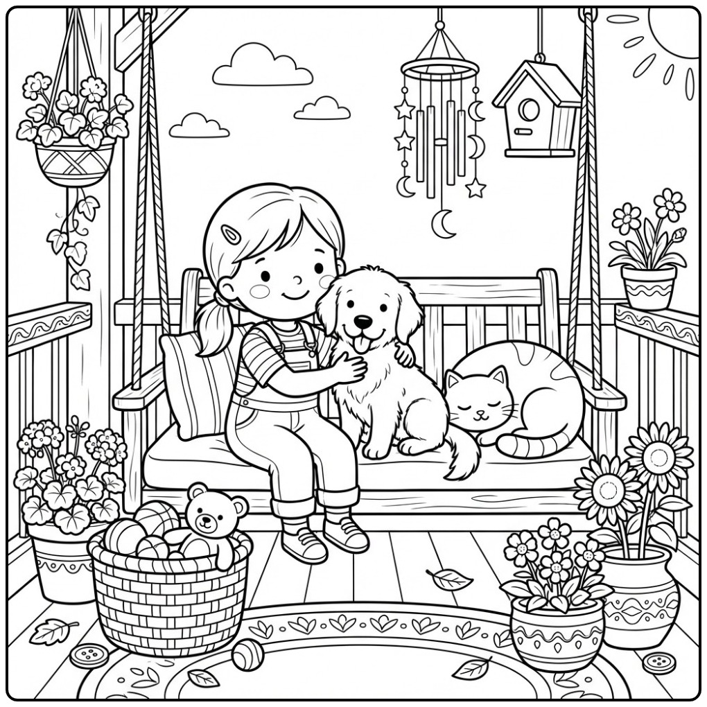 Een vrolijke kleurplaat meisje met hond knuffelend op schommel.