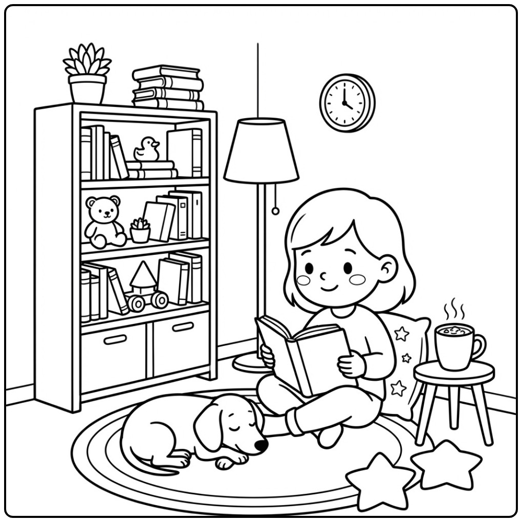 Een lieve kleurplaat meisje met hond die een verhaaltje leest.