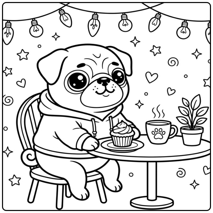 Leuke kleurplaat mopshond in een café met een lekkere cupcake.