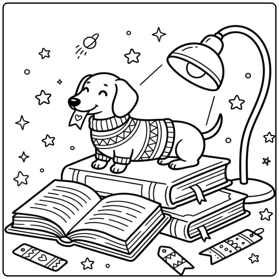 Leuke kleurplaat teckel met een trui aan op een stapel boeken.