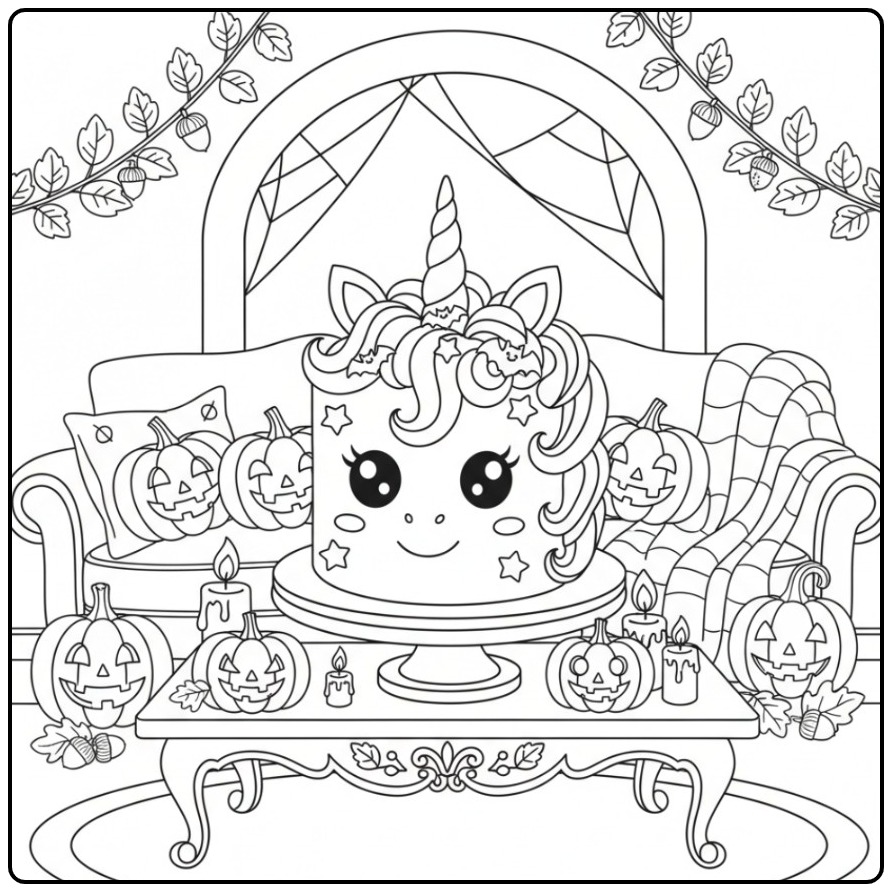 Een schattige Kleurplaat unicorn halloween taart met pompoenen.