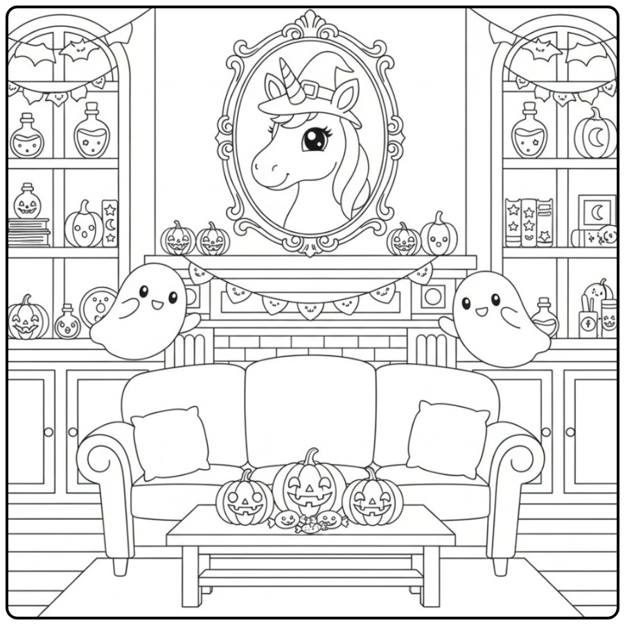 Kleurplaat unicorn hoofd Halloween met schattige spookjes.