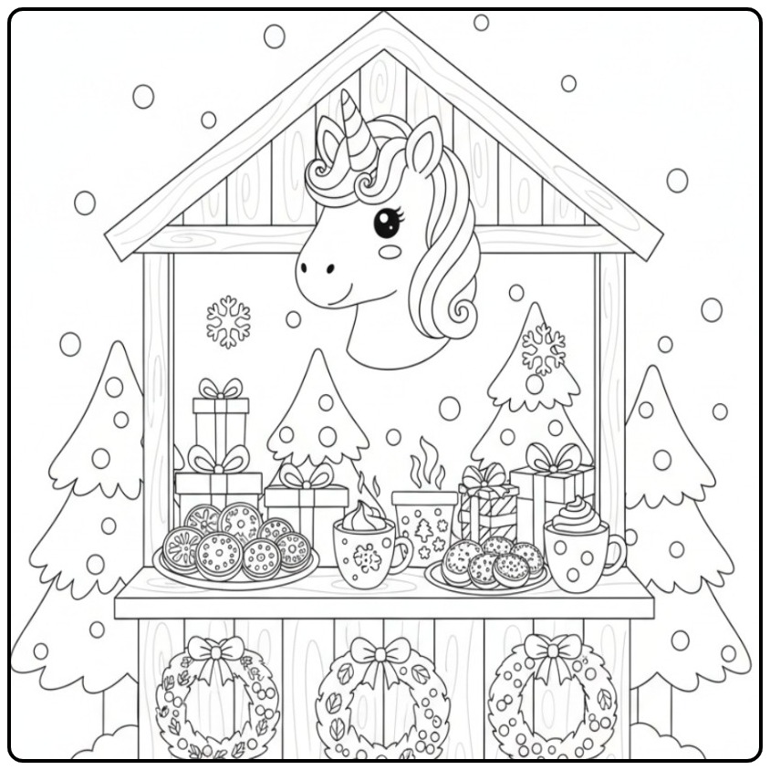 Leuke Kleurplaat unicorn hoofd Kerstmis in een houten kraampje.