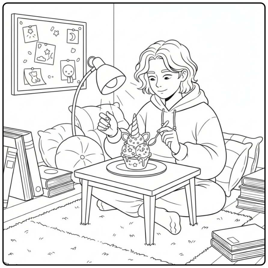 Kleurplaat unicorn ijsje: een persoon geniet van een magisch dessert.