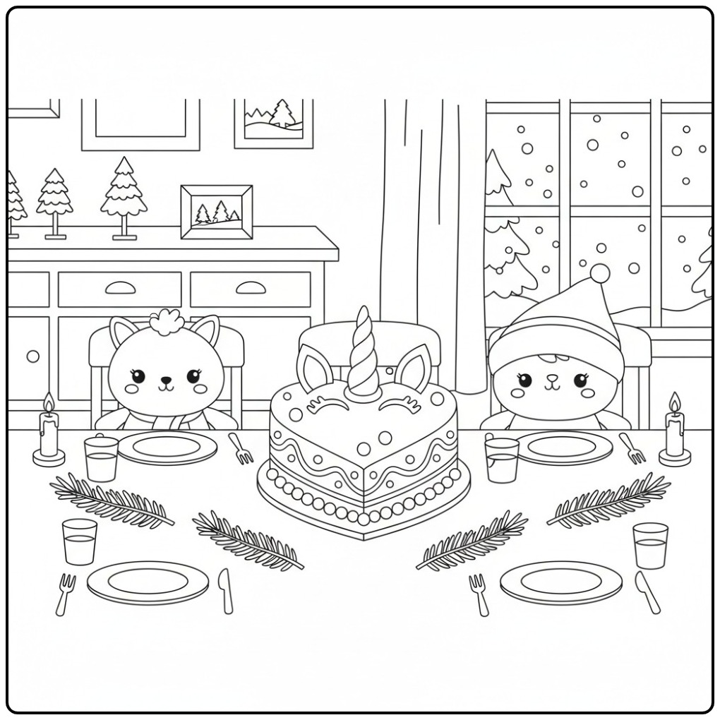 Vriendjes aan tafel met een Kleurplaat unicorn kerst taart.