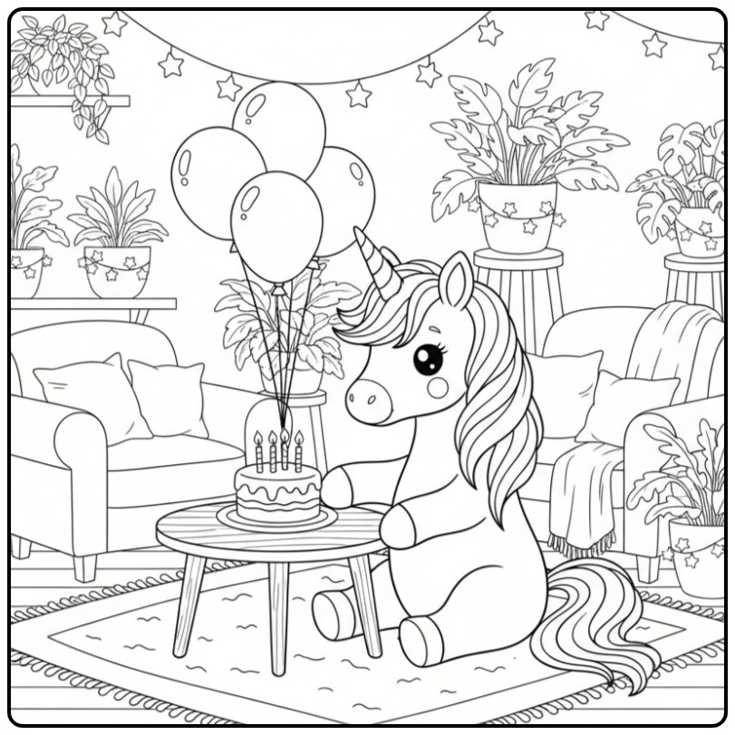 Een schattige kleurplaat unicorn verjaardag met taart en ballonnen.